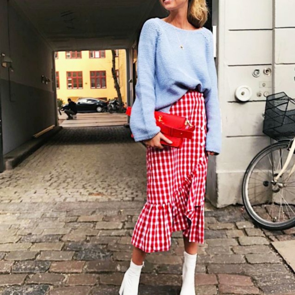 Red gingham frilled midi skirt